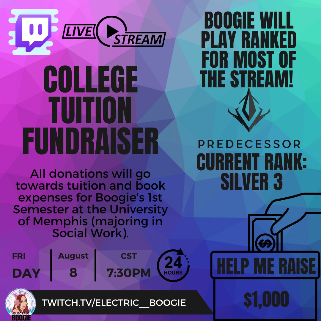 Come hang out starting tonight at 7:30PM CST for a 24 hour stream where I will be playing ranked <a href="/PredecessorGame/">Predecessor</a>  and doing some giveaways to raise the $1000 I'm short on for my 1st semester in college!  twitch.tv/electric__boog…