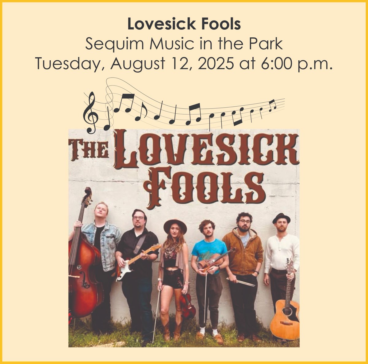 VisitSequim's tweet image. Join us for Music in the Park on Tuesday, August 12 at 6 pm at the James Center for the Performing Arts at Carrie Blake Park, 500 N. Blake Ave., for stringband The Lovesick Fools.  See the full summer schedule at ow.ly/O1Aj50W6HQw