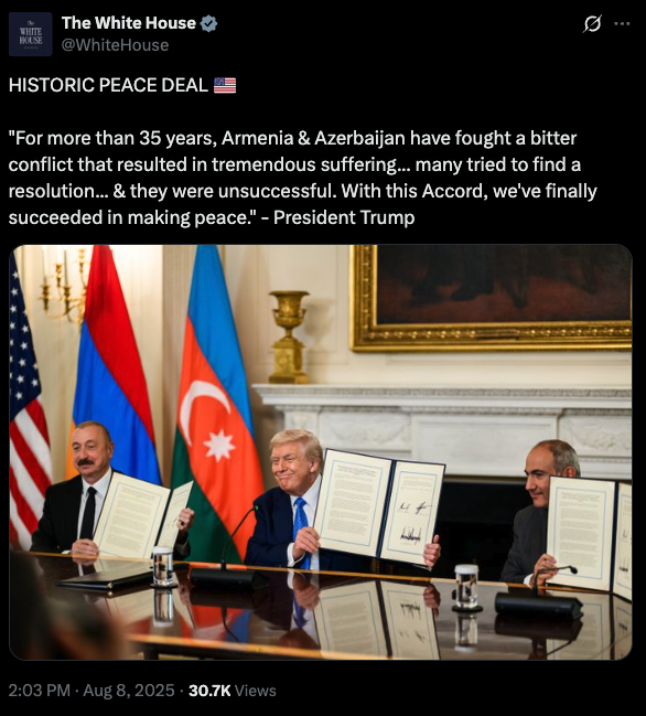 TRADE BRINGS PEACE 🇺🇸

After 35 years of conflict, Armenia &amp; Azerbaijan have agreed to a historic peace — built on new trade routes and economic cooperation. 🌎

A U.S.-backed transit corridor will link Azerbaijan to Nakhchivan through Armenia, transforming a former war zone into