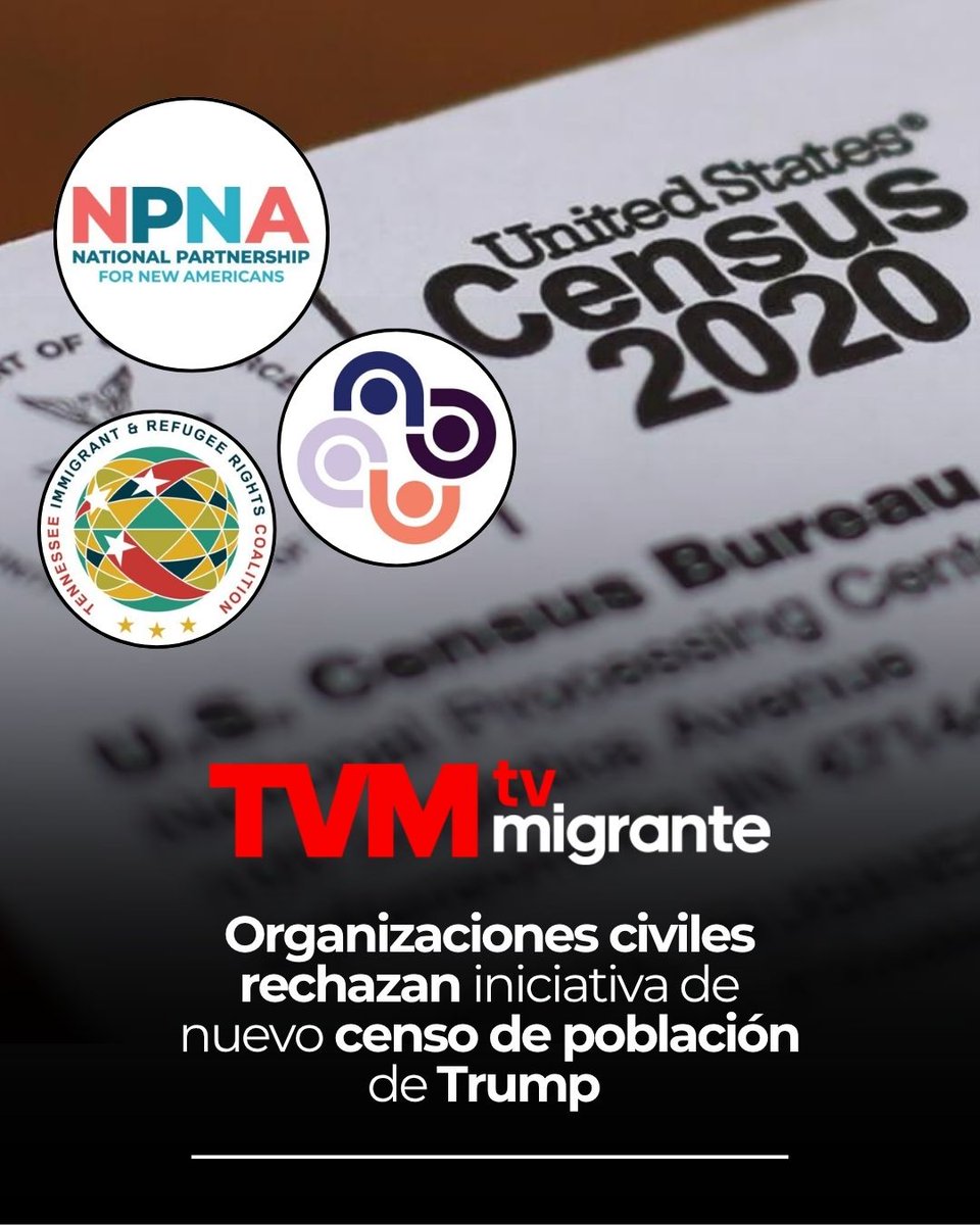 TV Migrante (@tvmigrante) on Twitter photo #TvMigranteInforma
🇺🇸 Organizaciones civiles defensoras de los derechos migrantes como <a href="/npnewamericans/">NPNA</a>, <a href="/thenyic/">New York Immigration Coalition (NYIC)</a> y <a href="/tnimmigrant/">TIRRC</a> expresaron su rechazo al nuevo censo poblacional propuesto por Donald Trump (<a href="/POTUS/">President Donald J. Trump</a>) que excluye a la comunidad migrantes, una iniciativa que ya había #TvMigranteInforma
🇺🇸 Organizaciones civiles defensoras de los derechos migrantes como <a href="/npnewamericans/">NPNA</a>, <a href="/thenyic/">New York Immigration Coalition (NYIC)</a> y <a href="/tnimmigrant/">TIRRC</a> expresaron su rechazo al nuevo censo poblacional propuesto por Donald Trump (<a href="/POTUS/">President Donald J. Trump</a>) que excluye a la comunidad migrantes, una iniciativa que ya había