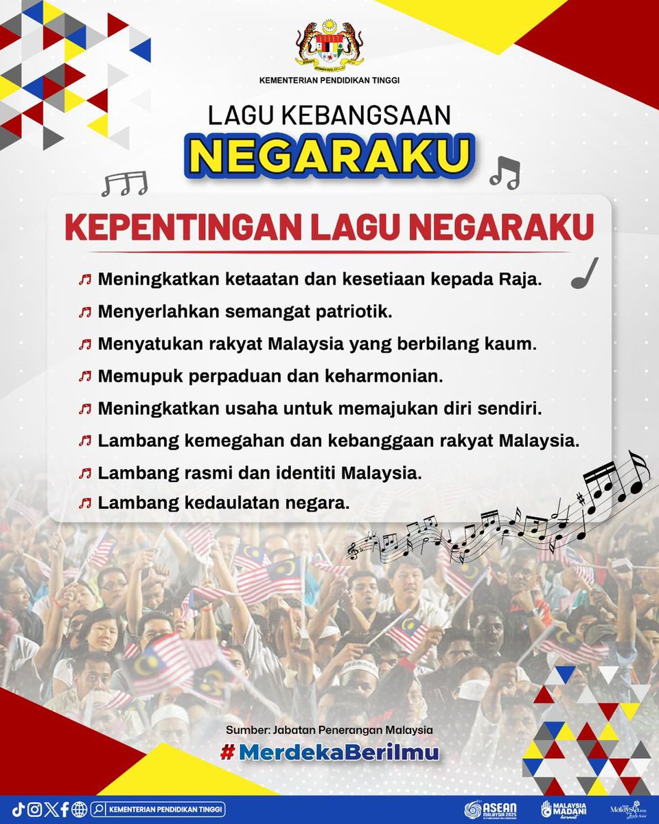 #MerdekaBerilmu

🇲🇾 LAGU KEBANGSAAN ‘NEGARAKU’

🎼 Diilhamkan daripada lagu negeri Perak, Negaraku dipilih sebagai lagu kebangsaan pada tahun 1957 kerana iramanya yang mencerminkan jiwa Melayu dan semangat rakyat Malaysia.