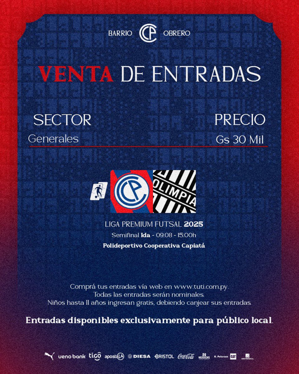 ✅ 𝙋𝙪𝙚𝙗𝙡𝙤 𝘼𝙯𝙪𝙡𝙜𝙧𝙖𝙣𝙖, informamos que esta habilitada la venta de entradas para nuestro próximo partido.

⚠️ Entradas disponibles exclusivamente para público local

⚽ Cerro Porteño 🆚 Olimpia

📆 Sábado 09/08
🕒 15:00
🏟️ Pdvo Coop Capiatá

📲 bit.ly/CCPvoli