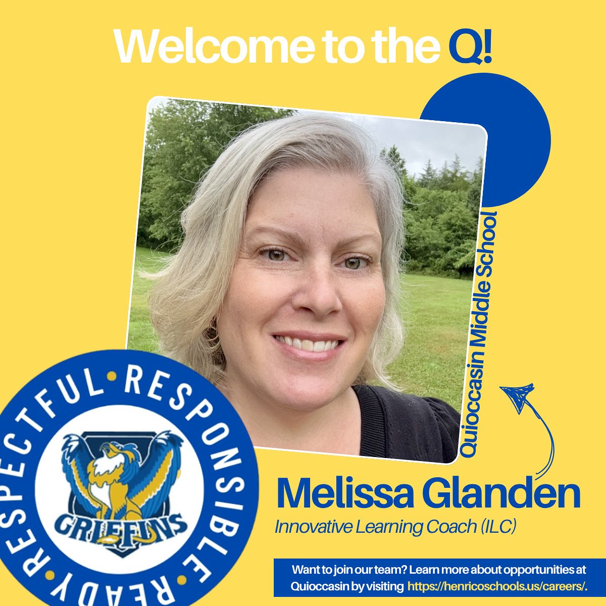Please join us in welcoming Mrs. Melissa Glanden to the Q!

Our new ILC, Mrs. Glanden, brings a talent for connecting people, sparking innovation, and adding a little fun along the way. We’re so excited for the energy and creativity she’ll bring to our team!

#WelcomeToTheQ