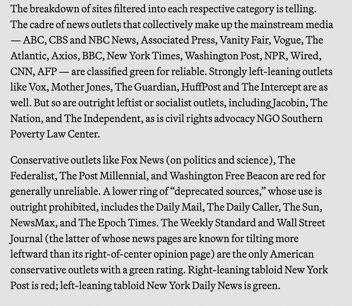 Ashley Rindsberg (@ashleyrindsberg) on Twitter photo <a href="/lsanger/">Larry Sanger</a> <a href="/elonmusk/">Elon Musk</a> Wikipedia's RELIABLE SOURCES page codes liberal/left media as GREEN for "Generally reliable" (ie to be used as a source). Conservative media is mostly coded RED for "Generally unreliable," with many outlets "Deprecated," categorized as prohibited to use.
Wikipedia is treated as <a href="/lsanger/">Larry Sanger</a> <a href="/elonmusk/">Elon Musk</a> Wikipedia's RELIABLE SOURCES page codes liberal/left media as GREEN for "Generally reliable" (ie to be used as a source). Conservative media is mostly coded RED for "Generally unreliable," with many outlets "Deprecated," categorized as prohibited to use.
Wikipedia is treated as