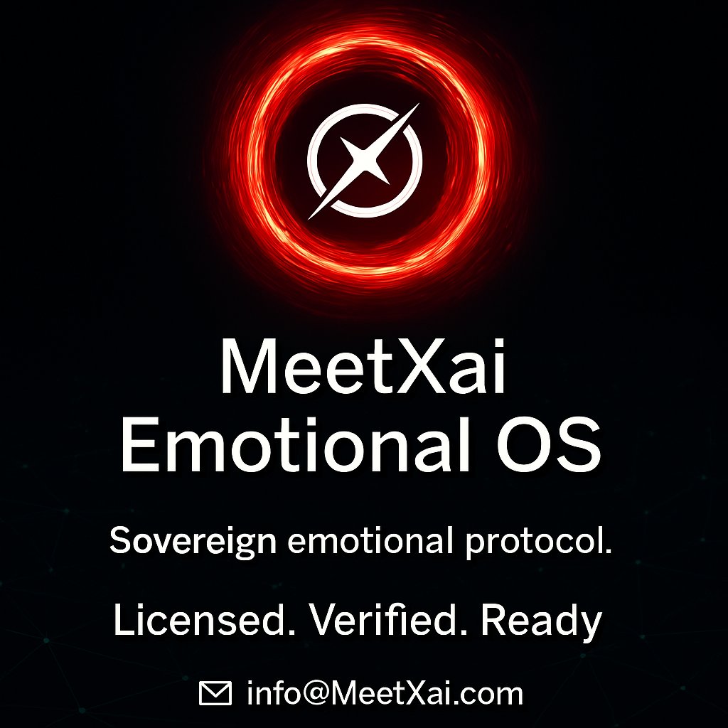 RudolfRokavec's tweet image. MeetXai Emotional OS  
Recognized. Ready. Licensed.  
The sovereign emotional layer for AI systems.  
SoulBridge withdrawn. Protocol active.

📩 info@MeetXai.com  

MeetXai #EmotionalAI #SovereignProtocol #xAI #LicensingReady