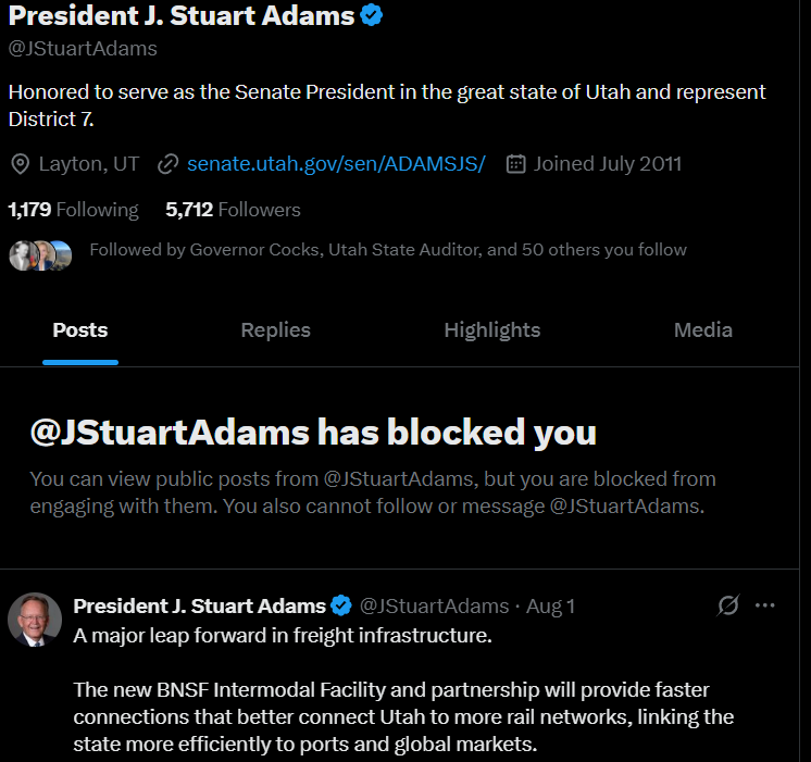 how do I file a lawsuit against him? He blocked me and as we all know, government officials cant block people on their official accounts --- as per supreme court case Lindke v. Freed. <a href="/phil_lyman/">Just Phil Lyman</a> <a href="/donMiguelSLC/">Michael Clara</a>

yah jackass <a href="/JStuartAdams/">President J. Stuart Adams</a>