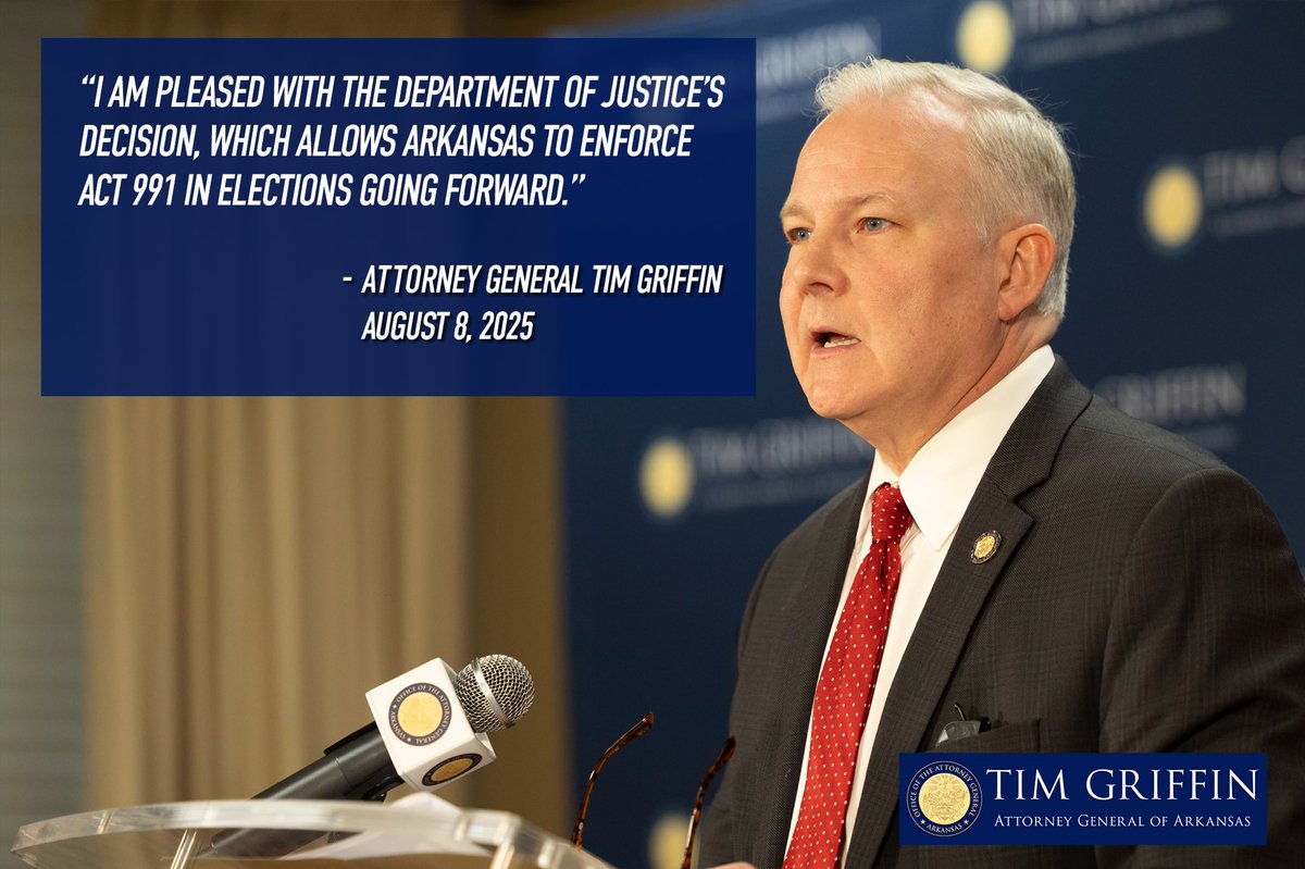 Attorney General Tim Griffin (@agtimgriffin) on Twitter photo <a href="/TheJusticeDept/">U.S. Department of Justice</a> has precleared the new Arkansas law requiring city and county candidates to receive a majority of votes cast to win an election.
I am pleased with the Department of Justice’s decision, which allows Arkansas to enforce Act 991 in elections going forward.
Under a <a href="/TheJusticeDept/">U.S. Department of Justice</a> has precleared the new Arkansas law requiring city and county candidates to receive a majority of votes cast to win an election.
I am pleased with the Department of Justice’s decision, which allows Arkansas to enforce Act 991 in elections going forward.
Under a