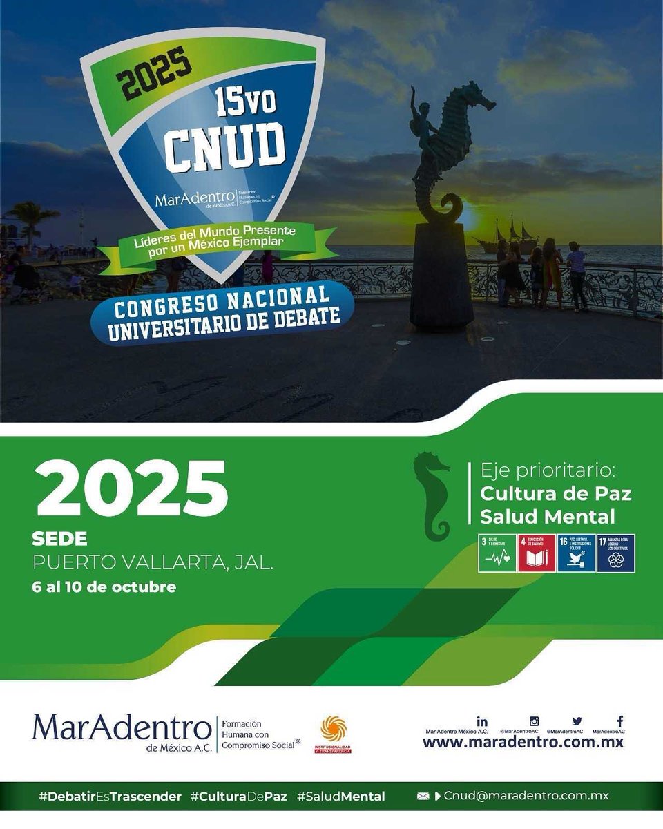 🌊✨ ¡Puerto Vallarta será la sede del 15º Congreso Nacional Universitario de Debate!

📍 Lugar: Puerto Vallarta, Jalisco
🗓 Fechas: 6 al 10 de octubre
💬 #DebatirEsTrascender | #CulturaDePaz | #SaludMental

👉Informes: cnud@maradentro.com.mx proyectosespeciales@maradentro.com.mx