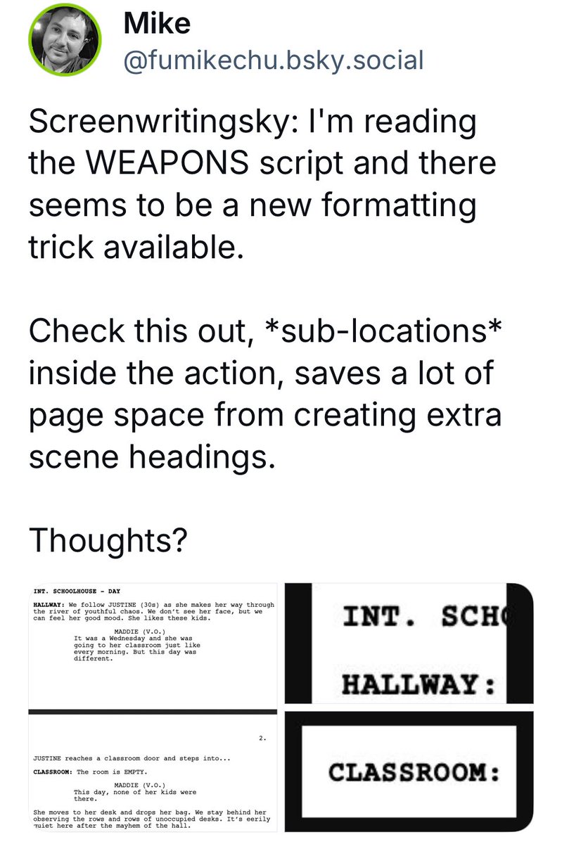 PhoenixBlackNow's tweet image. What’s some great unconventional formatting you’ve seen/use?
 
#scriptsky #screenwriting
@FuMikechu