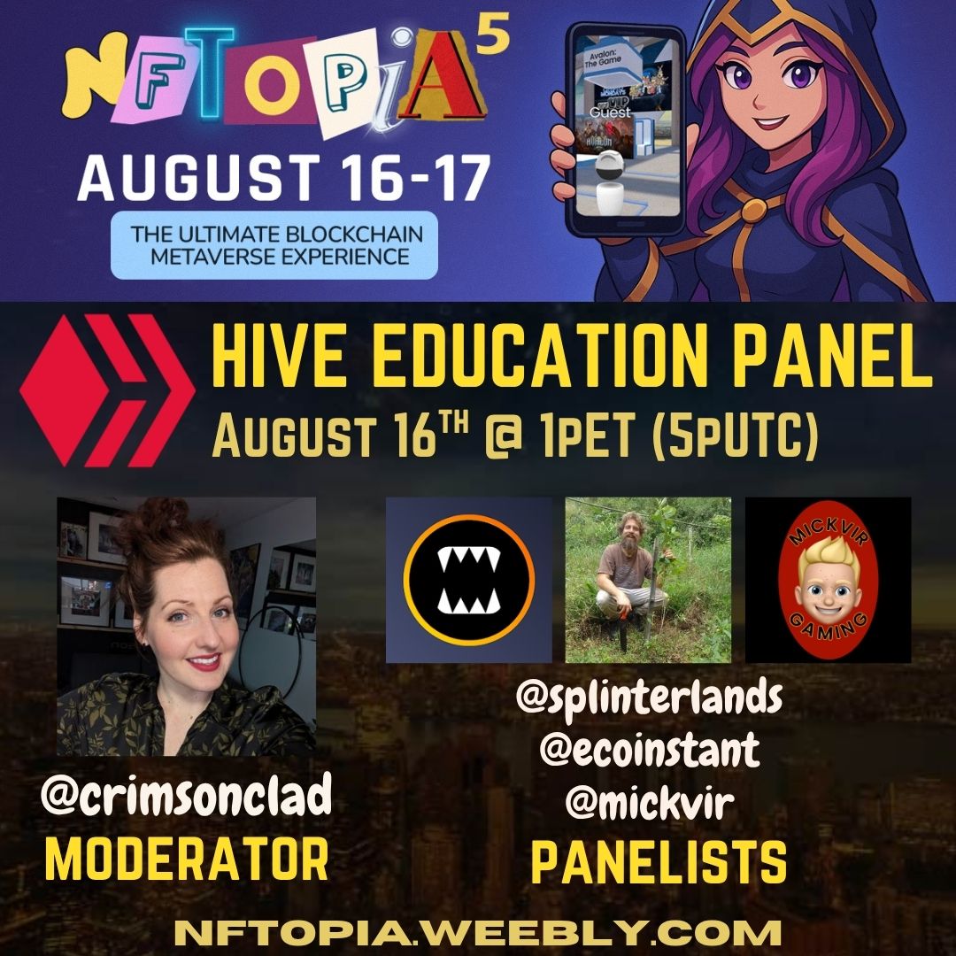 NFTOPIA Metaverse Convention (@thenftopia) on Twitter photo ♦️#HIVE Blockchain <a href="/hiveblocks/">Hive</a> is coming to NFTOPIA 5!
hive.blog/nftopia/@consu…
Introducing the first 1hr panel on August 16th at 1pET (5pUTC): "$HIVE EDUCATION"
🎙️Taking the metaverse auditorium stage are <a href="/crimsonclad/">crimsonclad</a> as moderator and <a href="/splinterlands/">Splinterlands</a>, @ecoinstant, <a href="/Mickvir2/">Mickvir</a> as ♦️#HIVE Blockchain <a href="/hiveblocks/">Hive</a> is coming to NFTOPIA 5!
hive.blog/nftopia/@consu…
Introducing the first 1hr panel on August 16th at 1pET (5pUTC): "$HIVE EDUCATION"
🎙️Taking the metaverse auditorium stage are <a href="/crimsonclad/">crimsonclad</a> as moderator and <a href="/splinterlands/">Splinterlands</a>, @ecoinstant, <a href="/Mickvir2/">Mickvir</a> as