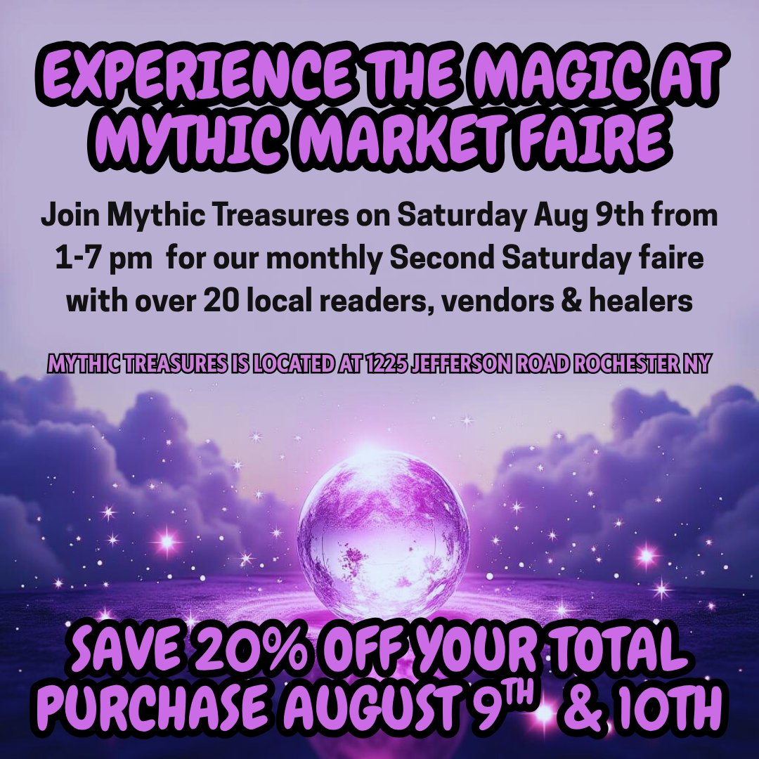 MythicTreasures's tweet photo. Stop by Mythic Treasures this weekend at 1225 Jefferson Road Rochester.

The Mythic Market Faire is on Saturday August 9th with 20 local readers, vendors and healers!

To entice you we also offer 20% off your total purchase at the store this weekend! (August 9th and 10th) https://t.co/HUgIX8lVlT