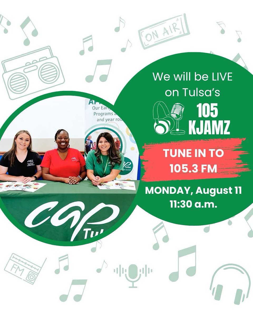 CAP Tulsa will be LIVE on 105.3 KJamz again this Monday, 8/11, at 11:30 a.m. Set a reminder to tune in and hear more about getting ready for school and our high-quality early childhood programs!🎤💚
#CAPTulsa #Radio #EarlyChildhoodEducation #TulsaOK #childcare