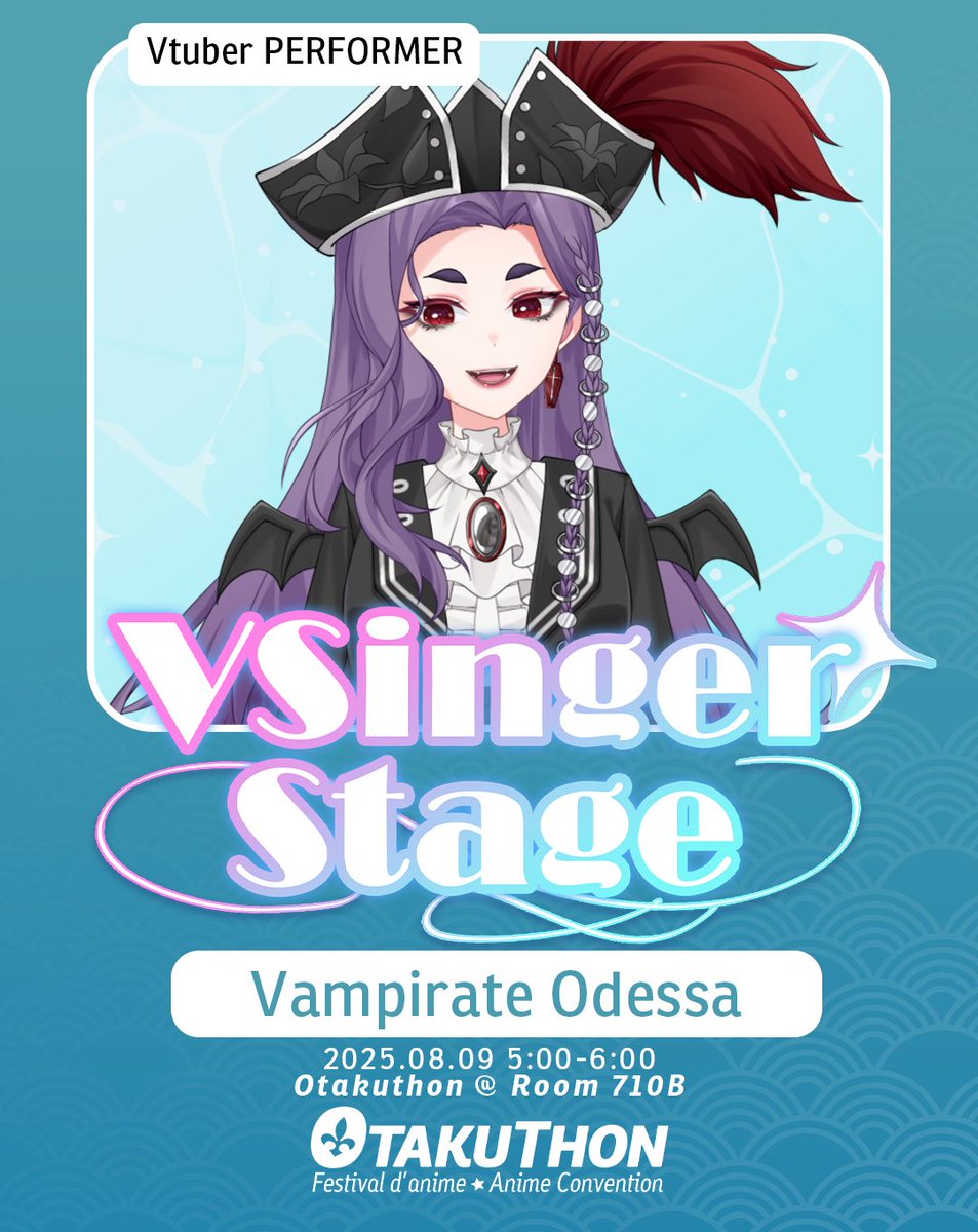 Vampirate Odessa 🩸🏴☠️ VNoiz (@vampirateodessa) on Twitter photo 【 OTAKUTHON PERFORMANCE 】
Montreal!! I will be performing in the VSinger Stage at Otakuthon TOMORROW! This show is jam-packed with INCREDIBLE performances, so don't miss it!
Saturday, August 9th at 5:00 pm in Room 710B! 【 OTAKUTHON PERFORMANCE 】
Montreal!! I will be performing in the VSinger Stage at Otakuthon TOMORROW! This show is jam-packed with INCREDIBLE performances, so don't miss it!
Saturday, August 9th at 5:00 pm in Room 710B!