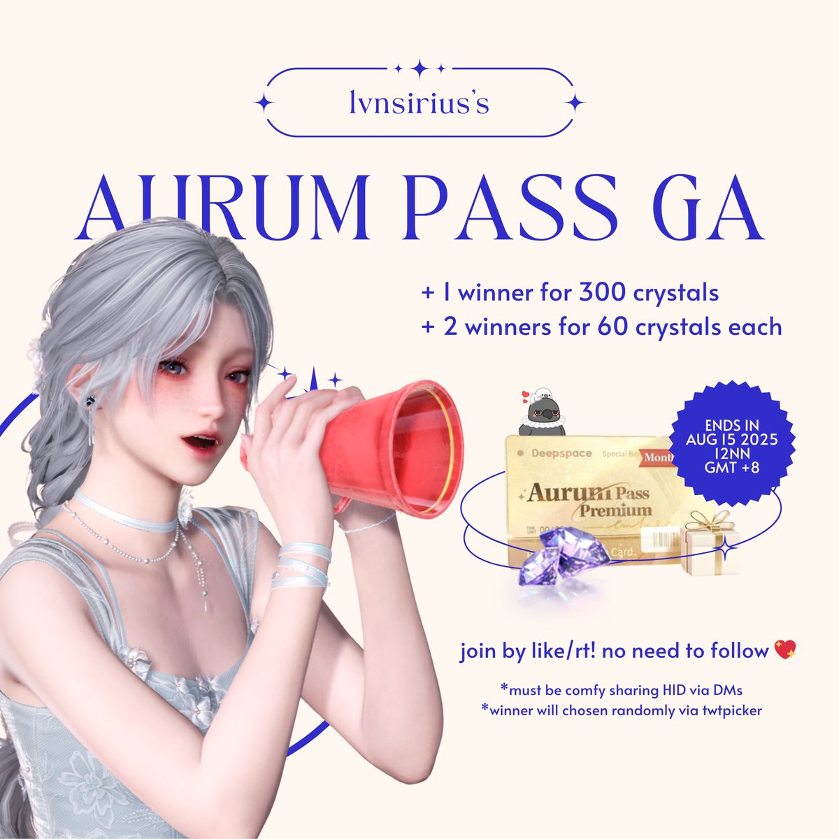 need extra funds for the beach banner or saving up for a different banner? i'm giving away:

- 1x Aurum Pass
- 1x 300 purple crystal pack
- 2x 60 purple crystal pack

to 4 lucky winners chosen via twtpicker! Will end on Aug 15, 2025 12NN (GMT+8) 🥰