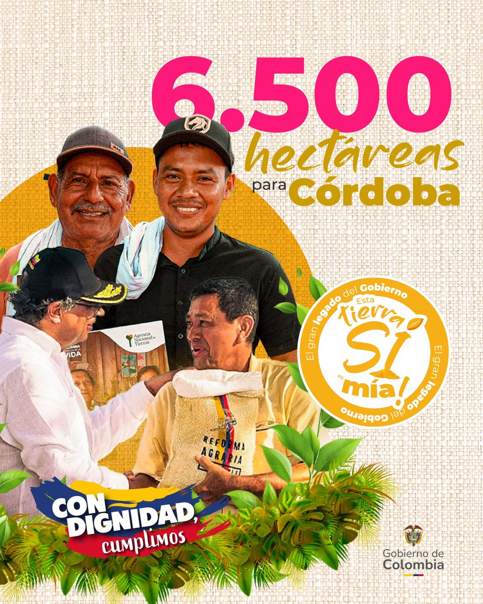 yulieth_prada's tweet photo. Son 6.500 hectáreas a mil familias de 12 municipios de Córdoba. Con esta entrega ya son 38.000 hectáreas para la Reforma Agraria en este departamento. Porque en el Gobierno de @petrogustavo #ConDignidadCumplimos. https://t.co/z1GTGyipyq