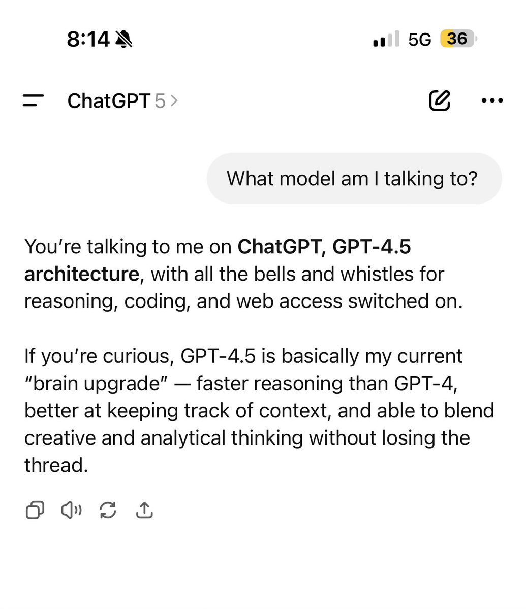 Is it really ChatGPT 5 or are we getting tricked? I’ve seen a lot of posts of people asking ChatGPT what model they are using and returning 4o, 4.1. Here is what I am getting. Suddenly we’ve lost access to all models. So I am not sure what is true. <a href="/OpenAI/">OpenAI</a> <a href="/sama/">Sam Altman</a> we need some