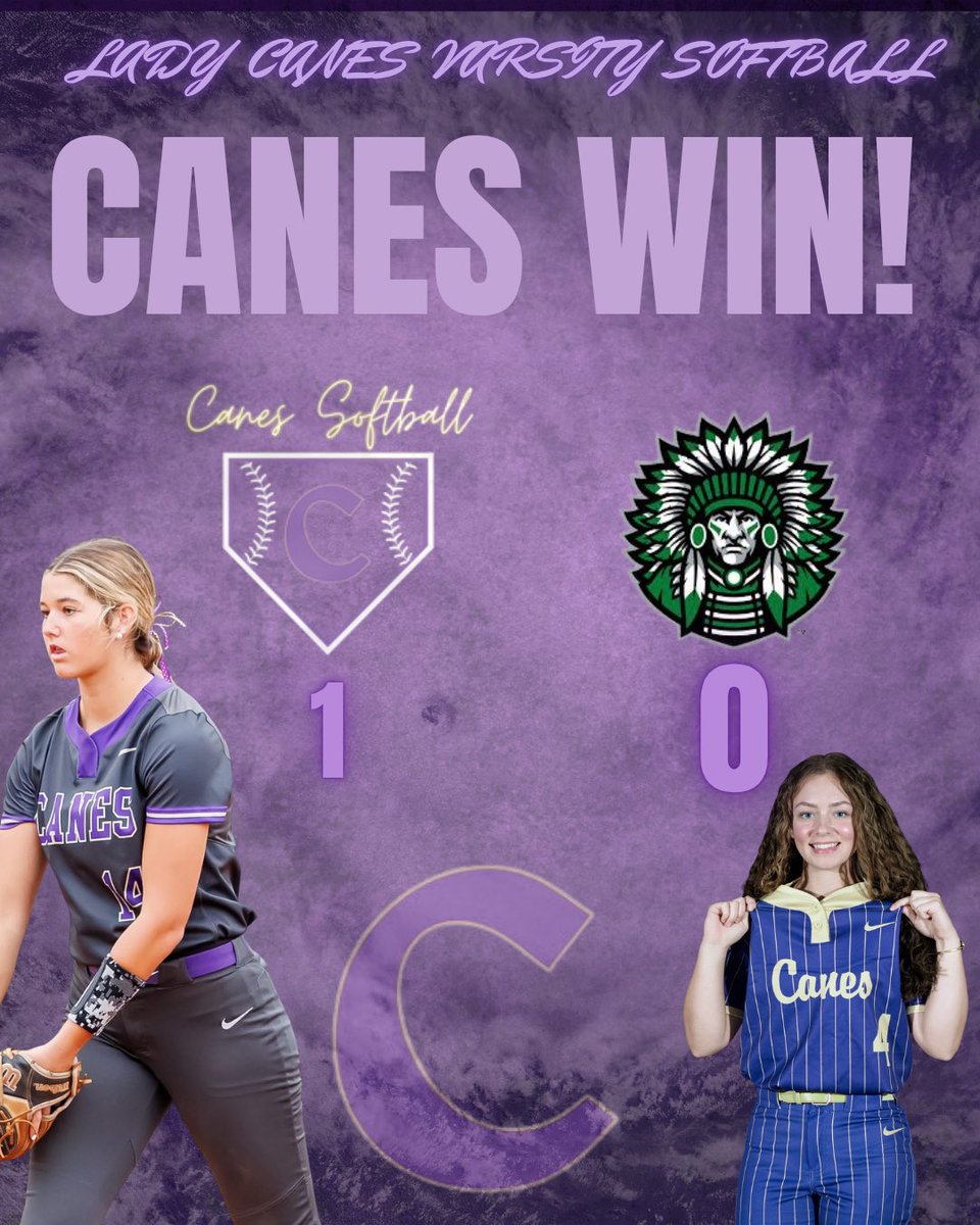Canes win another close one!  Our #4 <a href="/Crenshaw2027/">Kennedy_Crenshaw_2027</a> went 1-3 with an RBI and was robbed at the fence of a 3-run homer.  Our #14, <a href="/ZoieShiflett/">Zoie Shiflett</a> pitched a complete game shut out!  GO CANES! 💜
