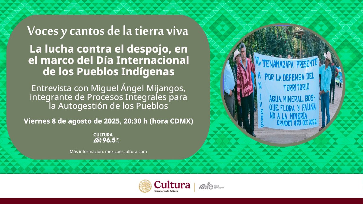 RadioEducacion's tweet image. 🎧 ¡Hoy en #VocesYCantosDeLaTierraViva! 🌿

Miguel Ángel Mijangos, de #PIAP, nos hablará sobre la lucha contra el despojo en el marco del #DíaInternacionalDeLosPueblosIndígenas ✊🏽🌎

🕣20:30 h
📻#Cultura965FM