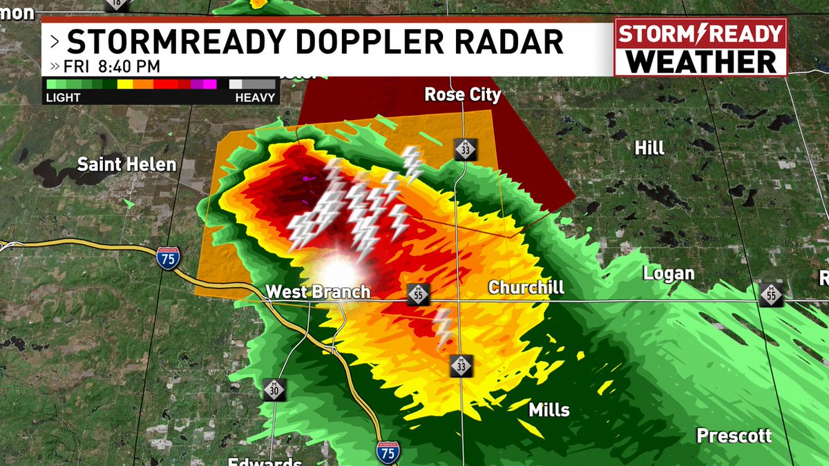 This super slow moving storm is producing flooding plus hail and winds between West Branch and Rose City. The Houghton Creek is over its banks. It's very slowly dropping south. #MIwx