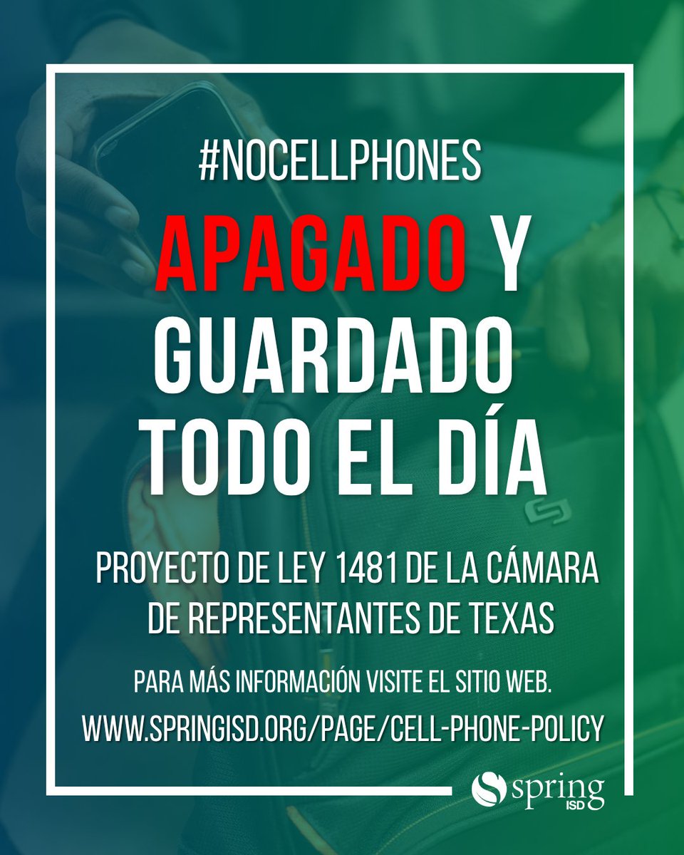 SpringEspanol's tweet image. 📵 Teléfonos móviles. 🎧 Audífonos. ⌚ Relojes inteligentes.
Todos deben permanecer apagados y guardados desde la llegada hasta la salida.
Consulte la política aquí: springisd.org/page/cell-phon…
#WeAreSpring