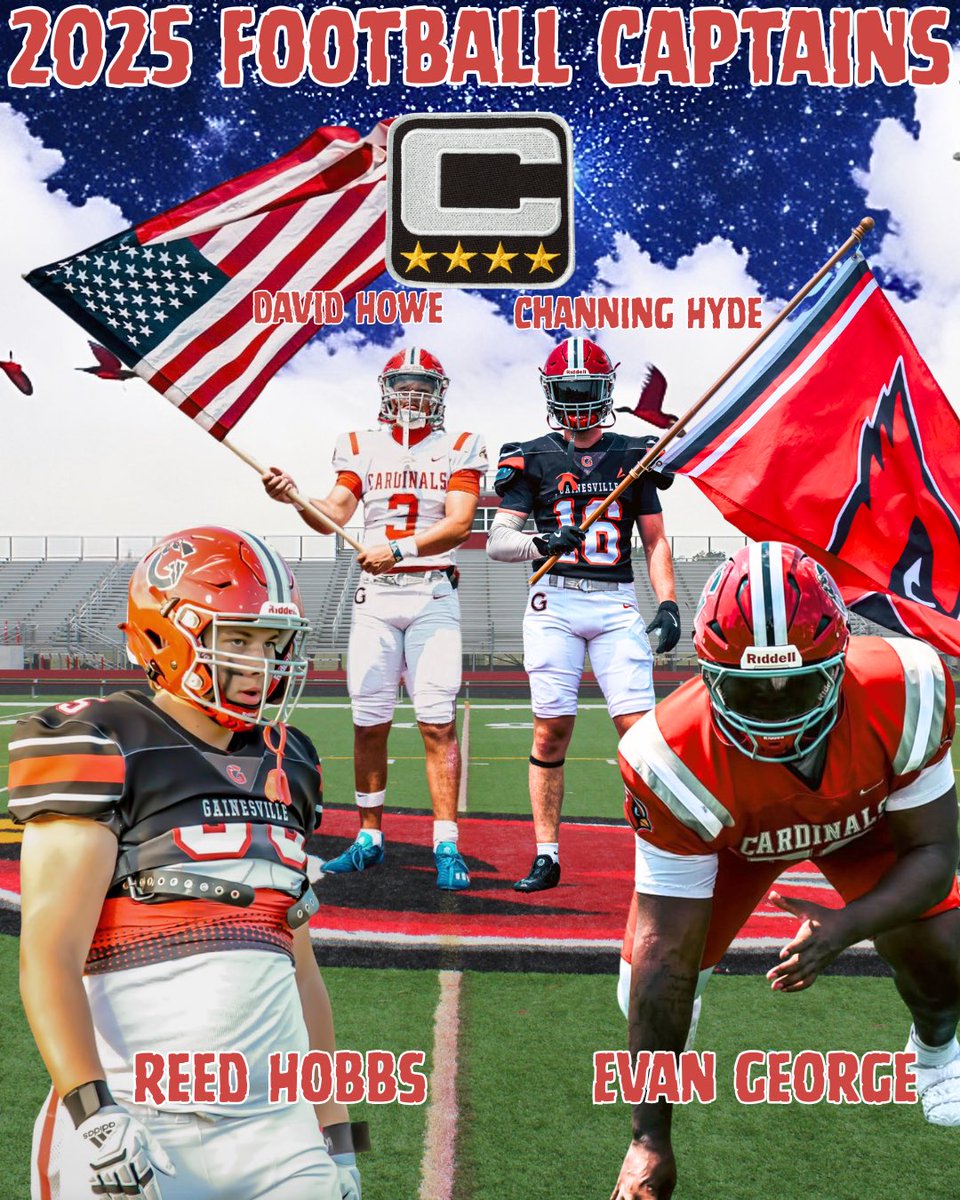 GainesvilleFoo1's tweet image. We are excited to announce our 2025 Gainesville High School Football Captains!  These four seniors were selected by their teammates!    Congratulations to David, Channing, Evan and Reed!  💪🏼🏈