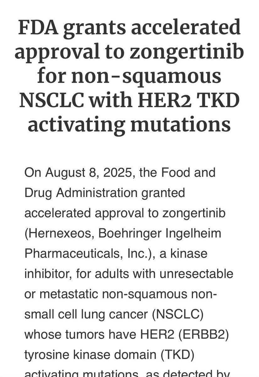 On this day, patients with #HER2+ #lungcancer got access to the first oral targeted therapy for HER2+ disease. -#zongertinib
➡️Beamion trial 1L: ORR was 75% with 58% having a DOR ≥ 6 mos.
➡️previously treated with HER2-targeted ADC, ORR was 44% with 27% having a DOR ≥ 6 months.