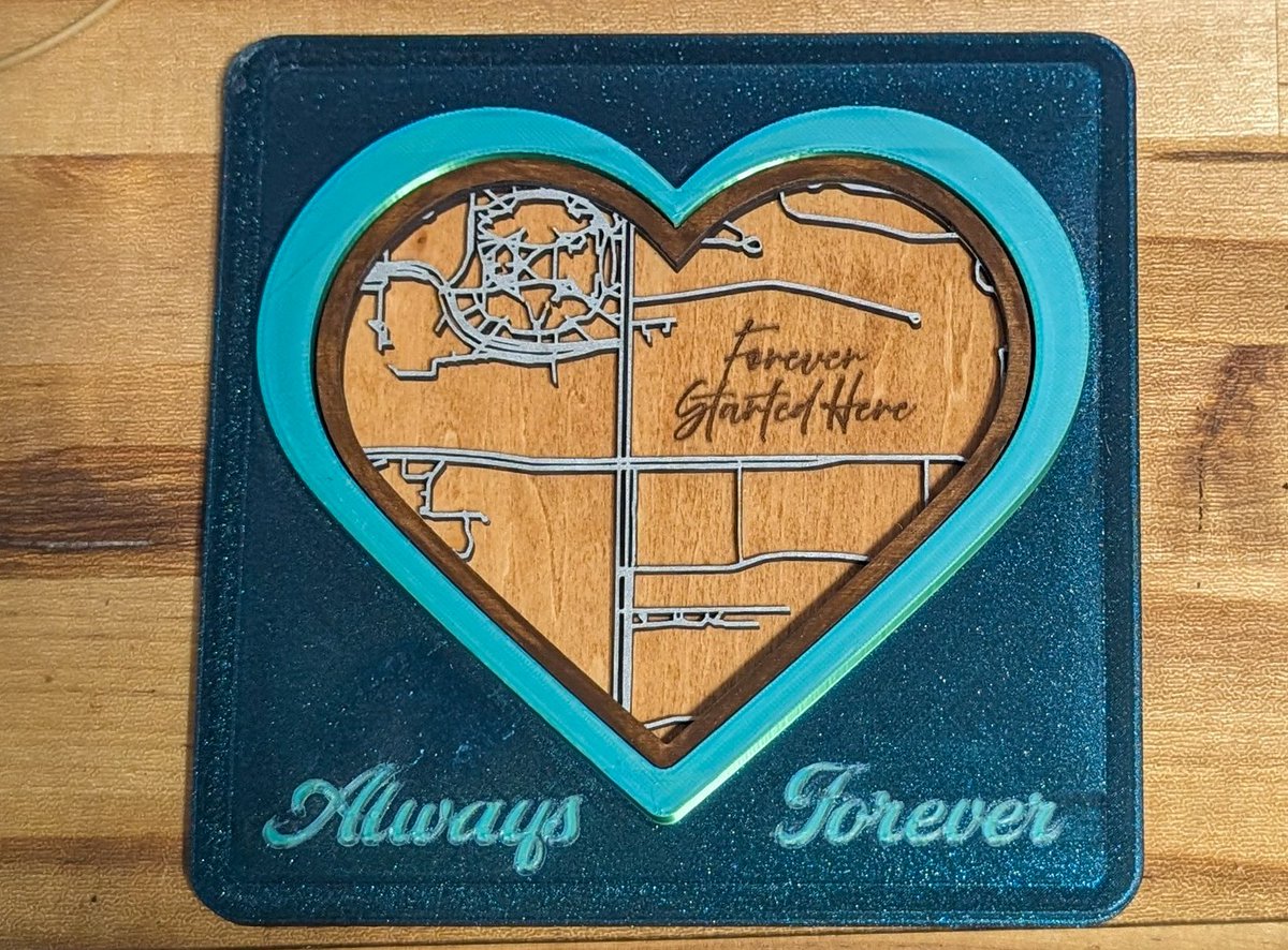 Every year for our anniversary my wife and I  exchange handmade gifts.  This year I did a map of our first date, laser cut layered wood and 3D printing.  Created entirely on my <a href="/snapmaker/">Snapmaker</a> Artisan 3-in-1, she loved it!

#HotMakes