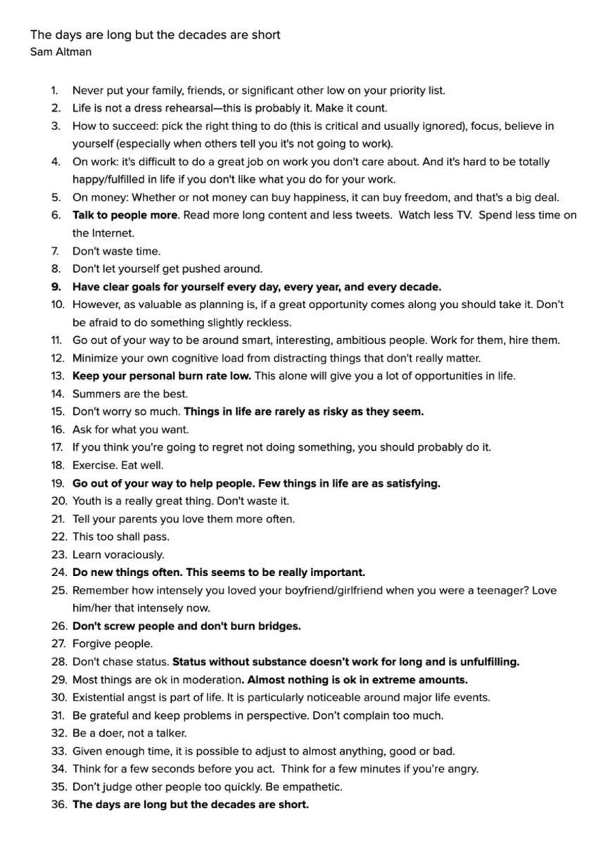 I came across a timeless list by Sam Altman, and it hit me hard. 

Not because it’s new advice — but because it’s the kind of wisdom we often know yet rarely practice.

Here are a few gems that stood out to me:

Talk to people more. Real conversations beat endless scrolling every
