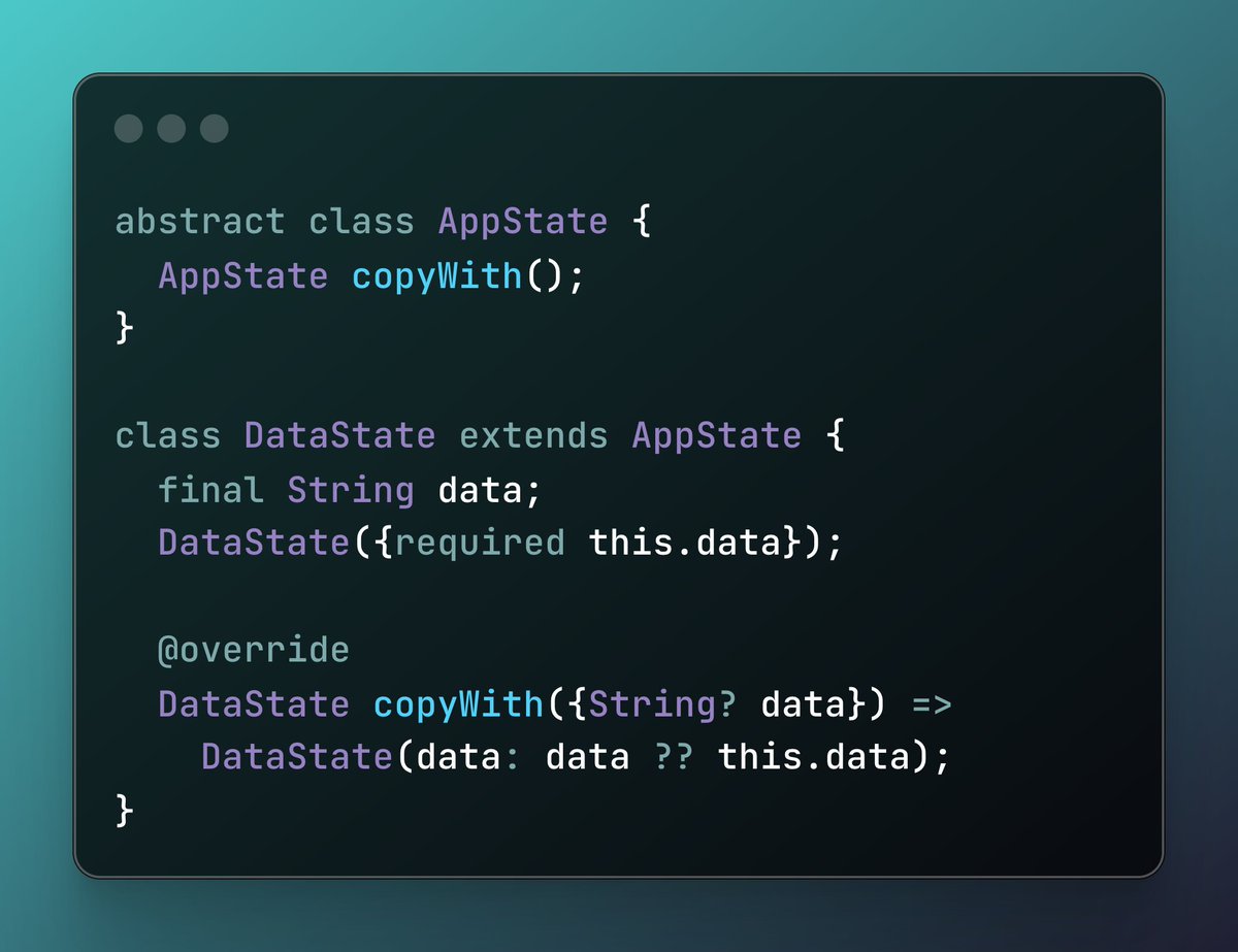 wiqology's tweet image. 💡 Flutter Tip:
Clean State Management Pattern
Use abstract classes with copyWith for immutable updates!
Keeps your BLoC/Cubit states clean and maintainable ✨
#FlutterTip #StateManagement #BLoC #FlutterDev #MobileDev #wiqology