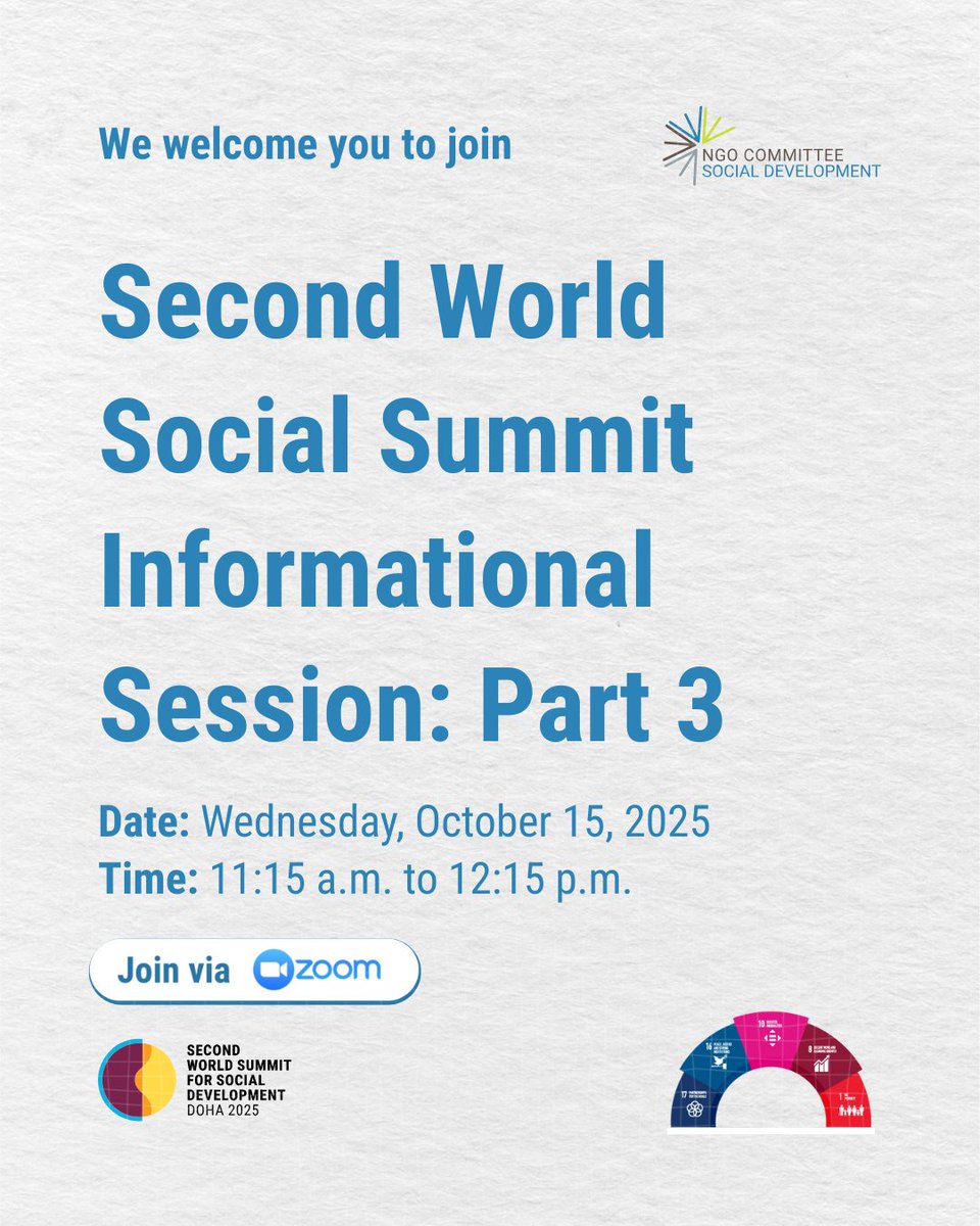 NGO Committee for Social Development (@ngocsocd) on Twitter photo We’re thrilled to continue our journey toward the WSSD2 with our 3rd info session. Save the date and register ahead of time!
Register here: lnkd.in/eEaEF42F <a href="/UNDESA/">UN DESA</a> <a href="/UNDESASocial/">UN DESA DISD</a> <a href="/QatarAtUN/">Qatar Mission to UN 🇶🇦</a> We’re thrilled to continue our journey toward the WSSD2 with our 3rd info session. Save the date and register ahead of time!
Register here: lnkd.in/eEaEF42F <a href="/UNDESA/">UN DESA</a> <a href="/UNDESASocial/">UN DESA DISD</a> <a href="/QatarAtUN/">Qatar Mission to UN 🇶🇦</a>