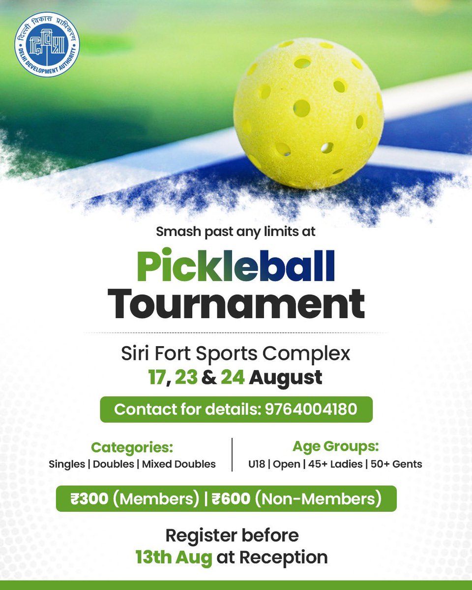 Get ready to smash, spin &amp; score!

Join the Pickleball Tournament at Siri Fort Sports Complex on 17, 23 &amp; 24 Aug. Singles, Doubles &amp; Mixed Doubles across all age groups. Register by 13 Aug and be part of the action!

#DDA #DDASports