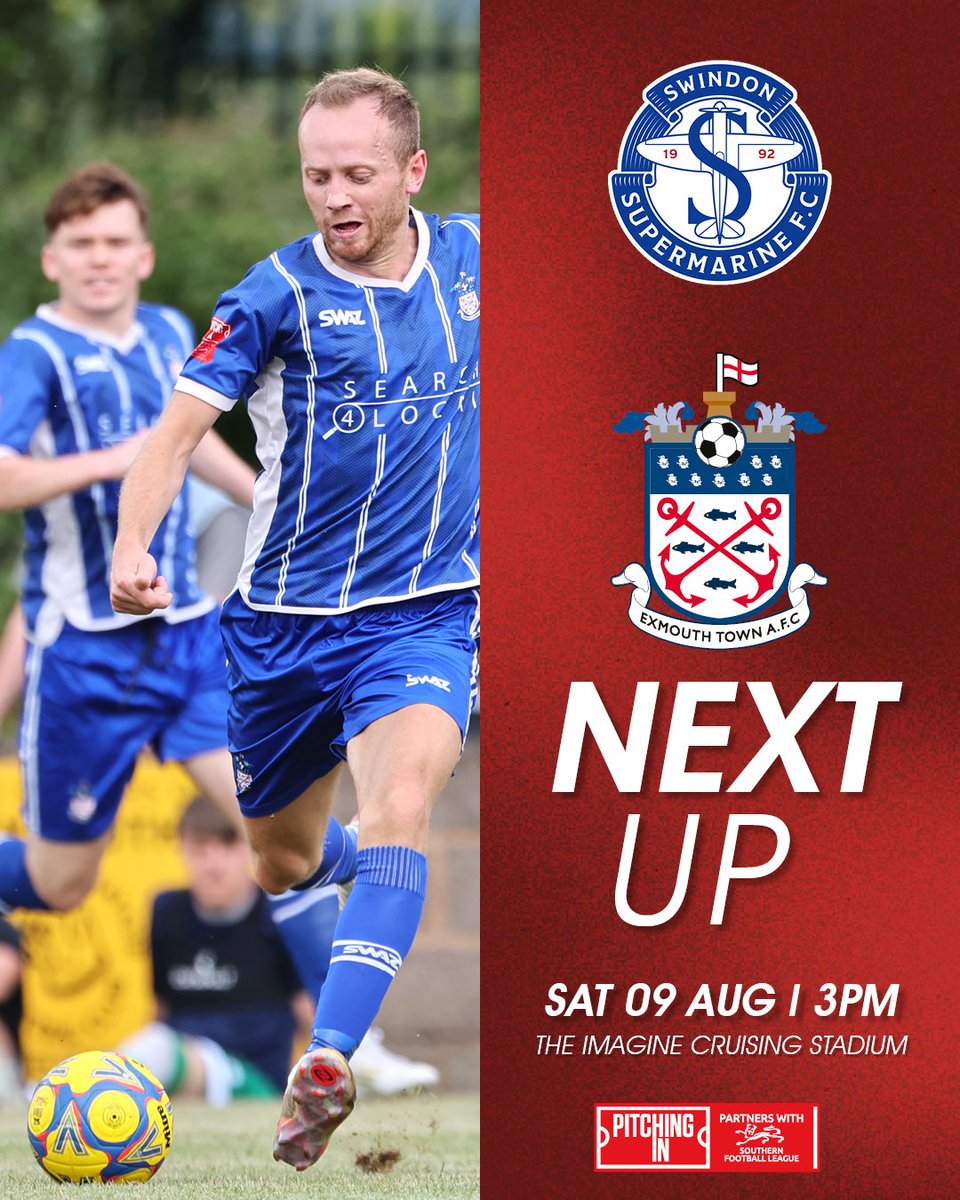 𝗜𝗧’𝗦 𝗠𝗔𝗧𝗖𝗛𝗗𝗔𝗬 ⚽️

Our <a href="/SouthernLeague1/">The Pitching In Southern Football League</a> season kicks off today, as we take on <a href="/SupermarineFC/">Swindon Supermarine</a>!

📍 The Imagine Cruising Stadium (SN3 4BZ)
⌚️ 3pm KO
🎟️ Adults £10, Concessions £8, 12-17 £6, U12 free w/paying adult 
🎙️ available on <a href="/ETFCLive/">Exmouth Town Live</a> 

#UTT | <a href="/Search4Local/">Search4Local</a>