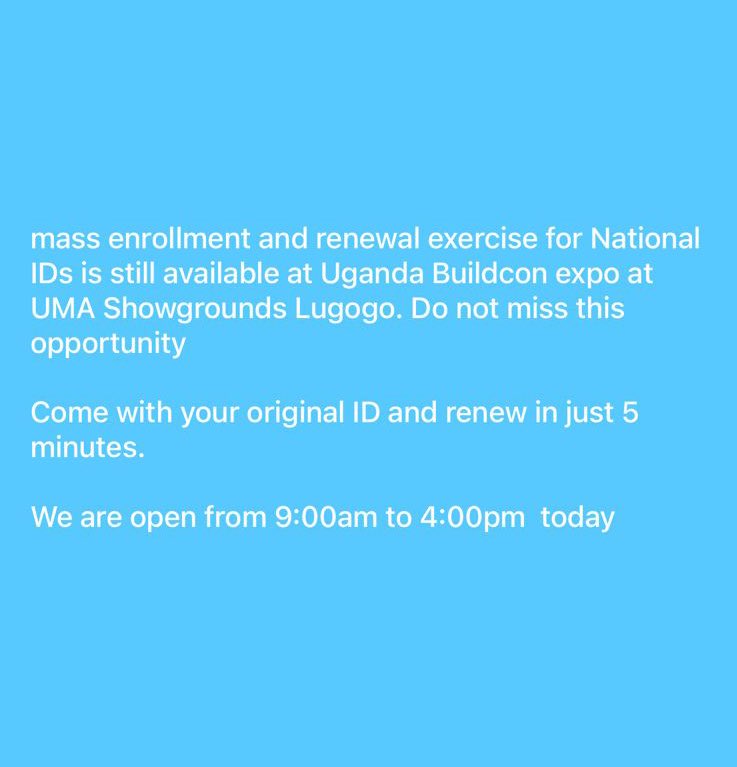 Atuhairecarol10's tweet photo. The Mass Enrollment & Renewal Exercise for National IDs is happening at the #UgandaBuildCon International Expo, @UNABSEC_UG Secretariat Office, UMA Showgrounds, Lugogo.
Bring your original ID and get it renewed in just 5 minutes.
#Futurex #Etsipl https://t.co/BTUeu47kja