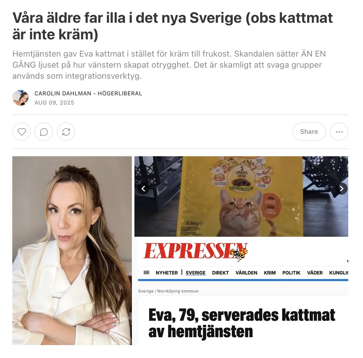 Carolin Dahlman (@carolindahlman) on Twitter photo Våra äldre far illa i det nya Sverige (obs kattmat är inte kräm), by <a href="/carolindahlman/">Carolin Dahlman</a> open.substack.com/pub/carolindah… Våra äldre far illa i det nya Sverige (obs kattmat är inte kräm), by <a href="/carolindahlman/">Carolin Dahlman</a> open.substack.com/pub/carolindah…