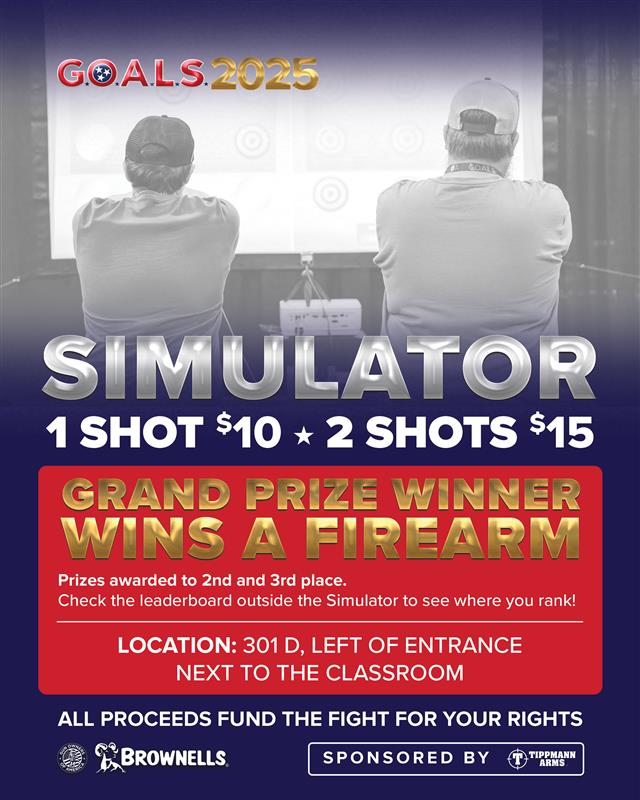 Take the challenge! Hit the #GOALS2025 Simulator, sponsored by @tippman_arms—win prizes &amp; a grand prize firearm for 1st place. Every shot counts, every $ supports the 2A fight. Located on the 3rd floor, Room 301D.