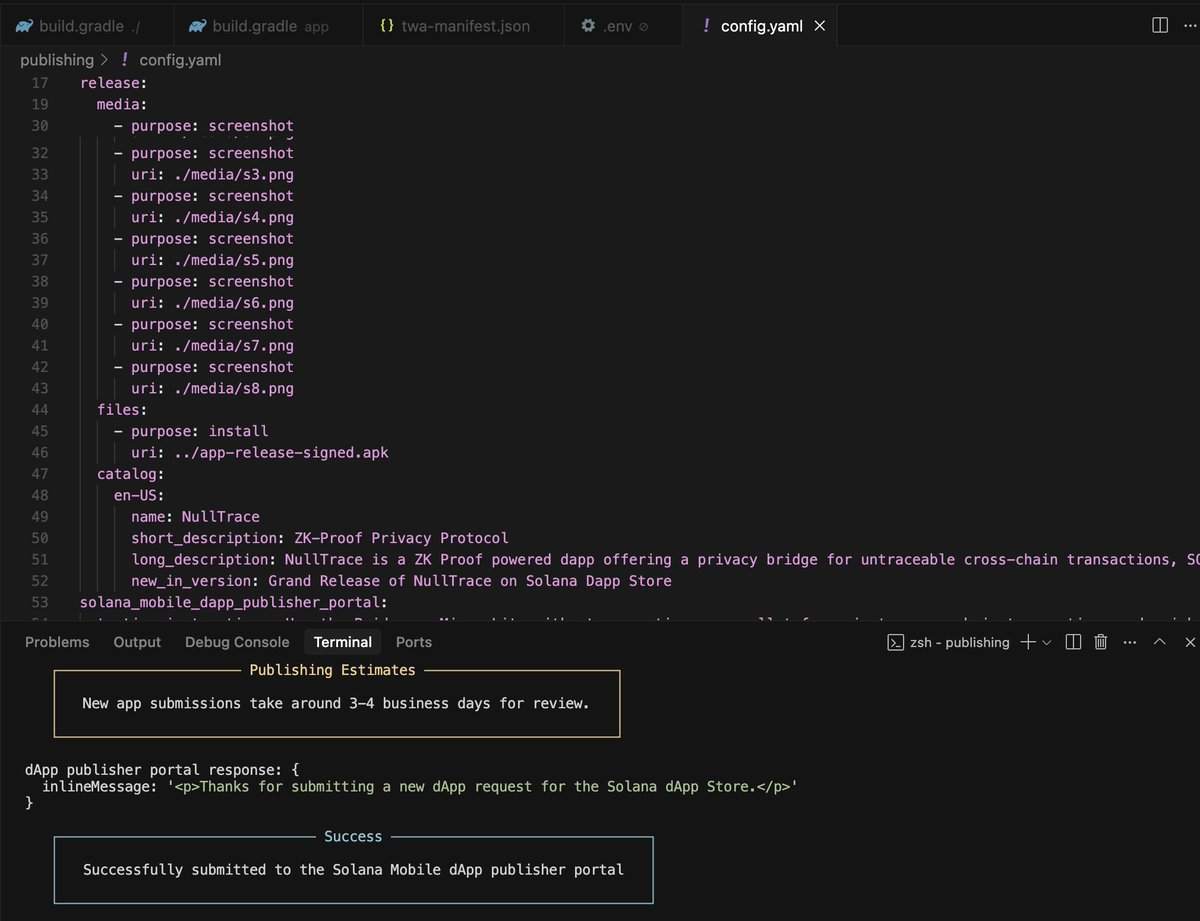 NullTrace (@nulltracebot) on Twitter photo We've just submitted our Dapp to <a href="/solanamobile/">Seeker | Solana Mobile</a>
Prepare for ZK powered privacy integrated directly into your Solana device!
🥷 x 📱 We've just submitted our Dapp to <a href="/solanamobile/">Seeker | Solana Mobile</a>
Prepare for ZK powered privacy integrated directly into your Solana device!
🥷 x 📱