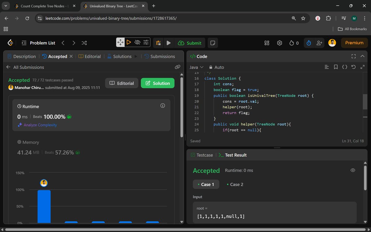 Manohar2909's tweet image. 🚀 Day 70 of #100DaysOfCodingChallenge — Counting Nodes in a Complete Binary Tree with Height-Based Optimization
222. Count Complete Tree Nodes
965. Univalued Binary Tree
#JavaProgramming #BinaryTree #DSA #ProblemSolving #TechJourney #CodeOptimization #SoftwareEngineering