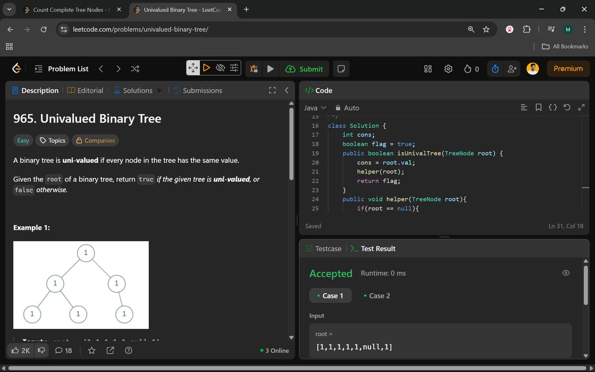 Manohar2909's tweet image. 🚀 Day 70 of #100DaysOfCodingChallenge — Counting Nodes in a Complete Binary Tree with Height-Based Optimization
222. Count Complete Tree Nodes
965. Univalued Binary Tree
#JavaProgramming #BinaryTree #DSA #ProblemSolving #TechJourney #CodeOptimization #SoftwareEngineering