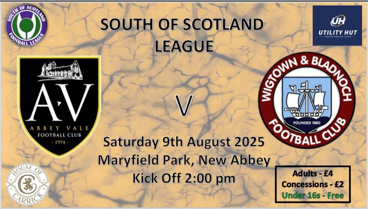 Abbey Vale (@abbeyvalefc) on Twitter photo 💛🖤 GAME DAY 🖤💛
🆚 <a href="/WBFC3/">Wigtown & Bladnoch FC</a>
📆 Saturday 9th August 2025
🏆 <a href="/SOSFLeague/">South of Scotland Football League</a>
📍 Maryfield Park, New Abbey
⏰ 2pm
🎟️ Adults - £4
Concessions - £2
Under 16s - Free
#vale
🐝⚽️🐝 💛🖤 GAME DAY 🖤💛
🆚 <a href="/WBFC3/">Wigtown & Bladnoch FC</a>
📆 Saturday 9th August 2025
🏆 <a href="/SOSFLeague/">South of Scotland Football League</a>
📍 Maryfield Park, New Abbey
⏰ 2pm
🎟️ Adults - £4
Concessions - £2
Under 16s - Free
#vale
🐝⚽️🐝