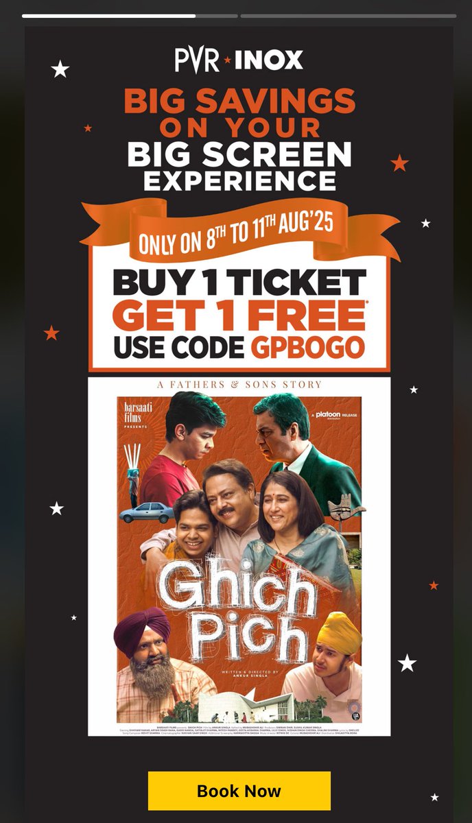 Buy 1 Get 1 for Ghich Pich movie in PVR. 

Code : GPBOGO 

Offer valid only on 8th to 11th AUG25

#Buy1Get1 #PVR #TrickTrackers