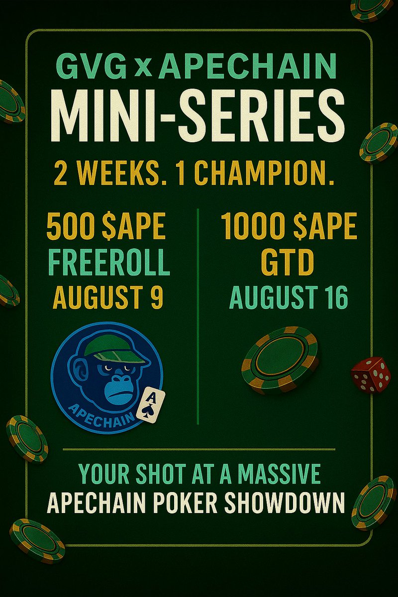 🐒 Hi ApeChain… meet Green Visor Gang.

We’re building on ApeChain and want to celebrate by bringing our brand of poker to you! 

high energy, big prizes, and no-limit fun.

To kick it off, we’re running the GVG x ApeChain Mini-Series:
♠ 2 Weeks. 1 Champion.

Space time 7:15 pm