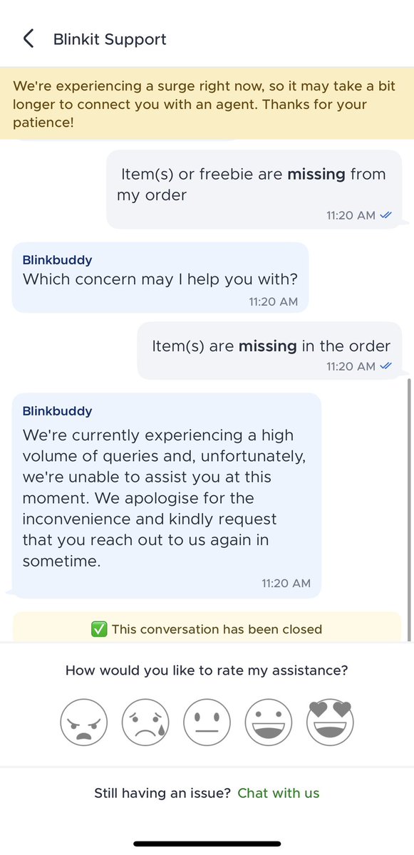 Hey <a href="/letsblinkit/">Blinkit</a> my order had a missing item and your app gave zero assistance to resolve it. No chat help, no call, nothing. If you can deliver in 10 minutes, you should also be able to resolve in 10. Disappointed. Order Id: ORD91030300452 #Zomato #blinkit
