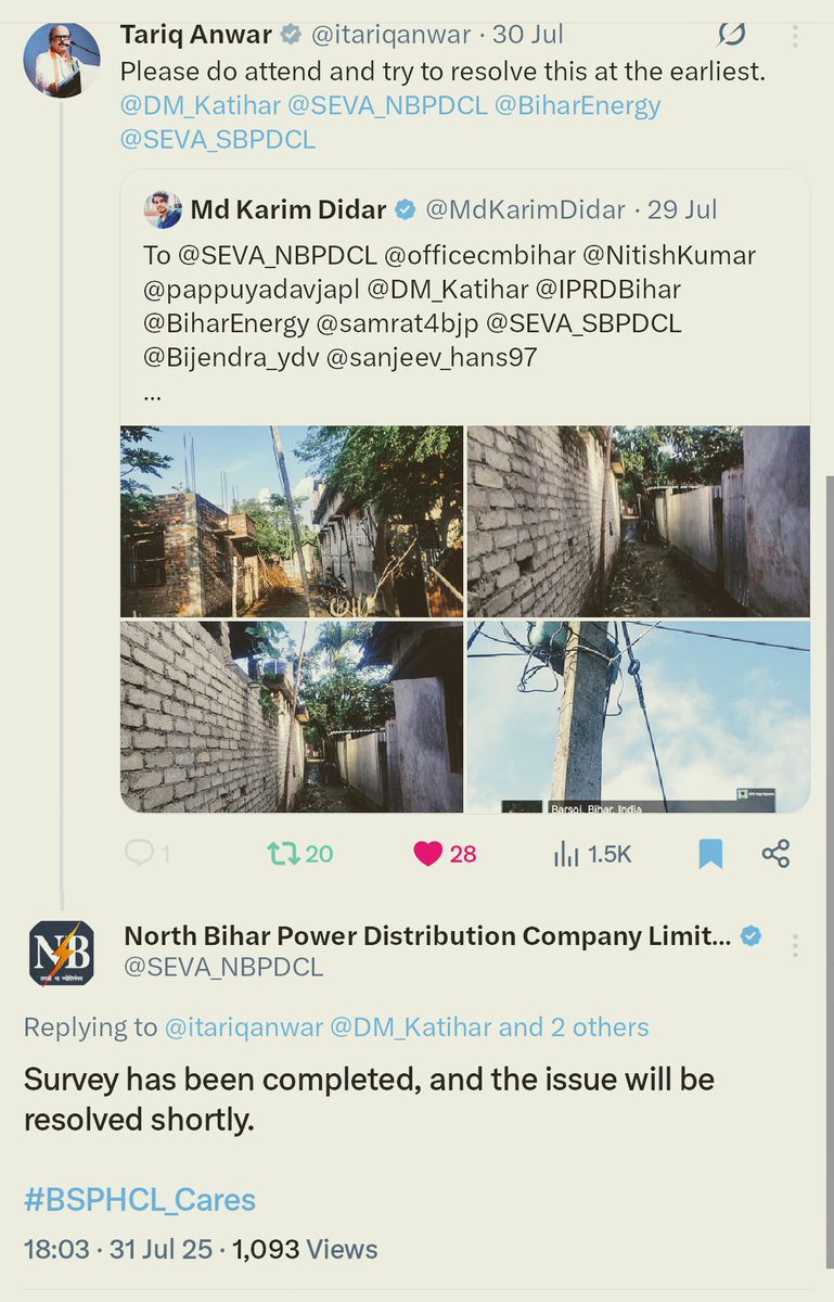 Md Karim Didar (@mdkarimdidar) on Twitter photo 🚨 Exposed — Part 3
31 July 2025: <a href="/SEVA_NBPDCL/">North Bihar Power Distribution Company Limited</a> claimed — “Survey has been completed, and the issue will be resolved shortly.”
Reality on ground? Nothing has changed.
Same bamboo poles, same unsafe wiring, same risk to lives.
This is not resolution — this is PR. 🚨 Exposed — Part 3
31 July 2025: <a href="/SEVA_NBPDCL/">North Bihar Power Distribution Company Limited</a> claimed — “Survey has been completed, and the issue will be resolved shortly.”
Reality on ground? Nothing has changed.
Same bamboo poles, same unsafe wiring, same risk to lives.
This is not resolution — this is PR.