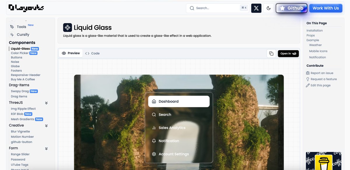 这个 UI 库不错，有很多新颖的组件，比如液态玻璃、颜色选择器、拖拽组件：ui-layouts.com/get-started
ui-layuouts 基于 Tailwind，但不是 Shadcn，组件风格看起来更灵活，而且代码是开源的。