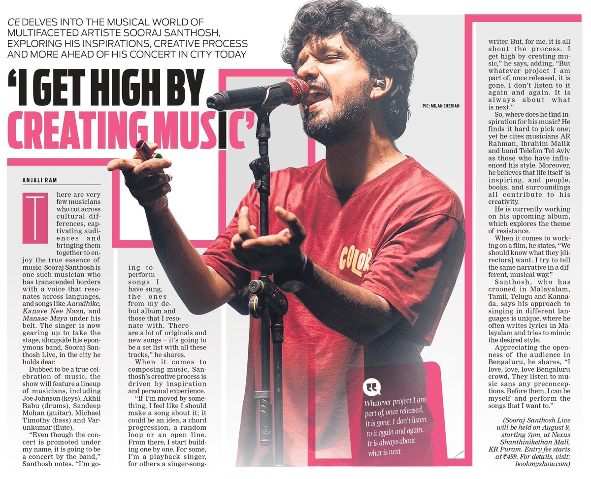 TNIE Karnataka (@xpressbengaluru) on Twitter photo CE delves into the musical world of multifaceted artiste Sooraj Santhosh, exploring his inspirations, creative process and more, ahead of his concert in city today
✍️ <a href="/anjaliiiram/">anjali ram</a>
#SoorajSanthosh #SoorajSanthoshLive #Concert #Bengaluru #Music CE delves into the musical world of multifaceted artiste Sooraj Santhosh, exploring his inspirations, creative process and more, ahead of his concert in city today
✍️ <a href="/anjaliiiram/">anjali ram</a>
#SoorajSanthosh #SoorajSanthoshLive #Concert #Bengaluru #Music