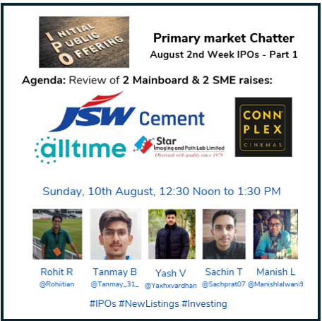 manishlalwani9's tweet photo. IPO Opinions August 2nd Week IPOs Part 1 with @rohiitian, @Tanmay_31_, @Yaxhxvardhan, @sachprat07 & I Tomorrow noon 12:30 PM.
We cover 2 Mainboard - #JSWCement, #AlltimePlastic and 2 SME - #ConnplexCinemas, #StarImaging.
Do join. Space link in 1st comment. https://t.co/4krOpSB3Wn