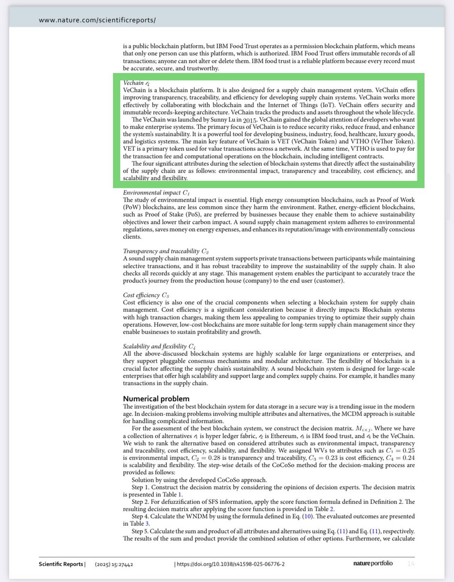 #VeChain was featured in a scientific report ‘Scrutinizing the applicability of blockchain in the sustainability of supply chains using an intelligent fuzzy multi criteria decision making’. 📄 

Full PDF file ⬇️ 
nature.com/articles/s4159…

$VET #VeFam #NFT