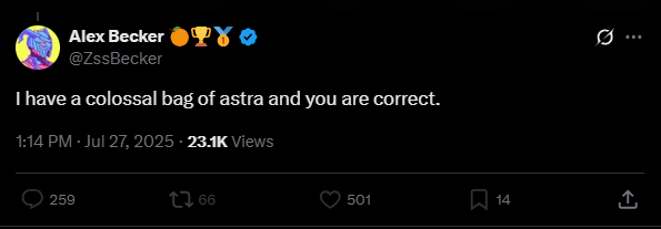 My No.1 pick for this Bull run is 

$ASTRA <a href="/AstraLabs_Inc/">AstraLabs Inc.</a> 

Here are two reasons out of many:

AstraBanq - Own On-Off ramp for crypto to fiat 🔁
Astrapay - The first truly non-custodial, automated Web3 payment processor, with no KYC.😎

<a href="/ZssBecker/">Alex Becker 🍊🏆🥇</a> in it tells me a lot. IYKYK