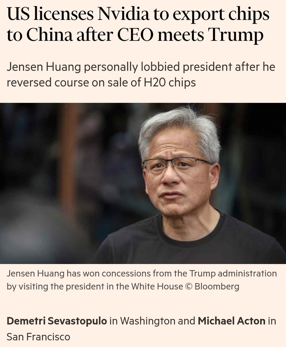 wallstengine's tweet image. US Commerce Dept has started issuing licences for Nvidia $NVDA to export its H20 AI chips to China, per FT.