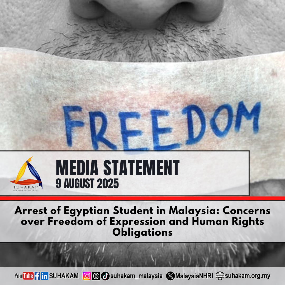 𝐒𝐔𝐇𝐀𝐊𝐀𝐌'𝐬 𝐌𝐞𝐝𝐢𝐚 𝐒𝐭𝐚𝐭𝐞𝐦𝐞𝐧𝐭: Arrest of Egyptian Student in Malaysia: Concerns over Freedom of Expression and Human Rights Obligations

Link: suhakam.org.my/2025/08/media-…
